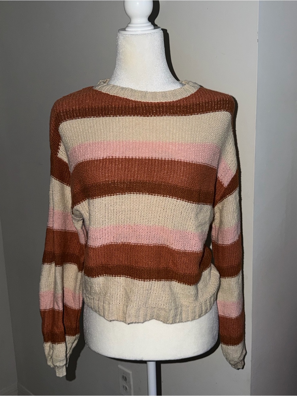 Billabong Striped Crewneck Sweater in Beige, Pink & Rust